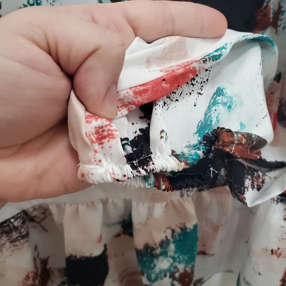 Nine West Womens White Abstract Artistic Splatter Long Sleeve Satin Peplum Top M - Picture 2 of 7